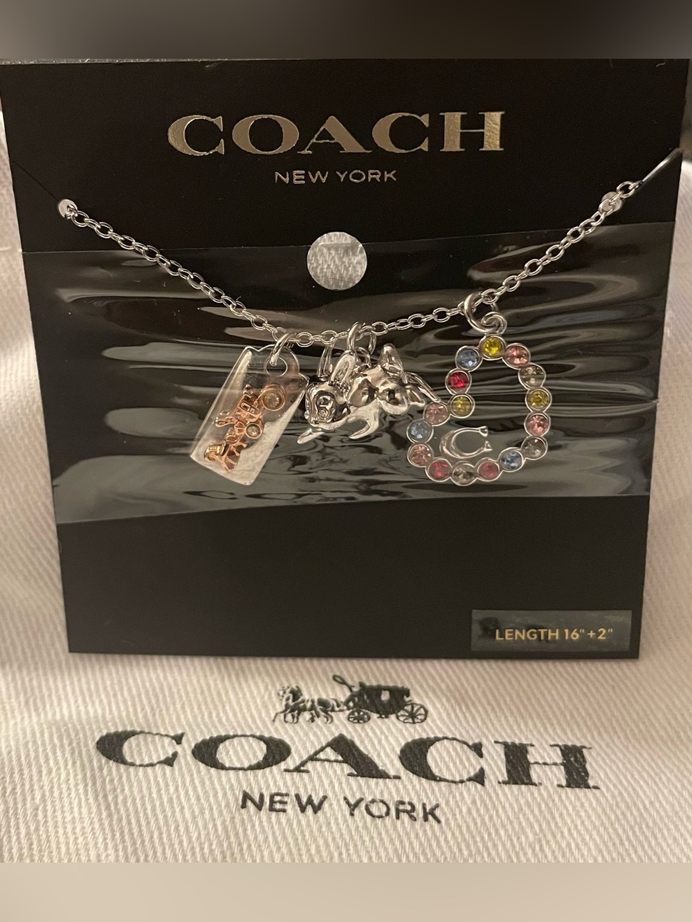 COACH Silver Multi-Charm Necklace with Colorful Crystal 'C' Pendant